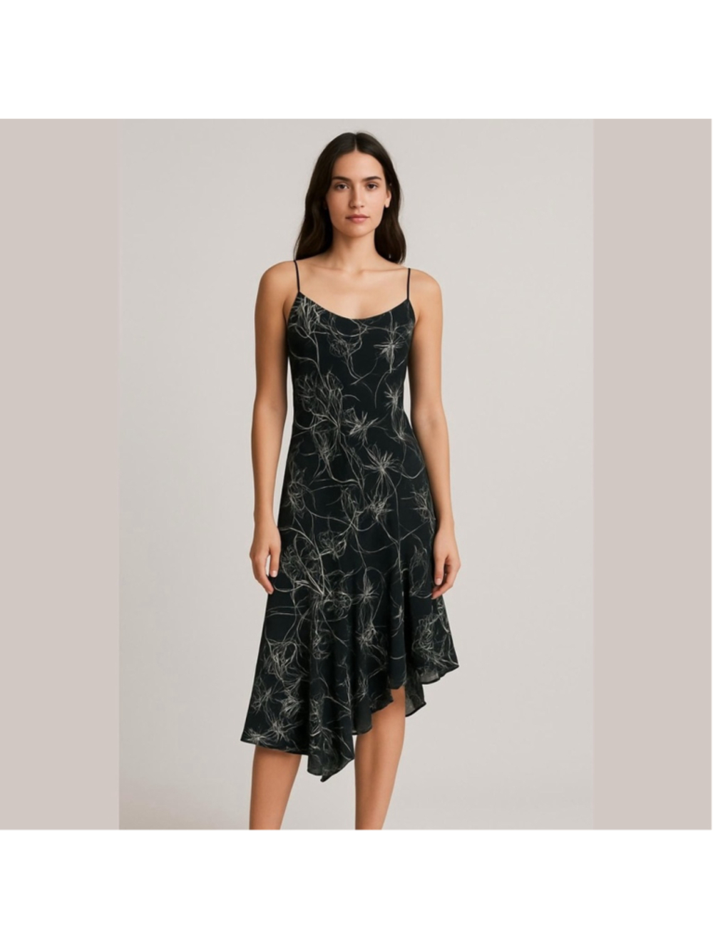 Y2K Vintage Jessica Black Floral Printed Cami Slip Bias Cut Midi Dress Size 12/M